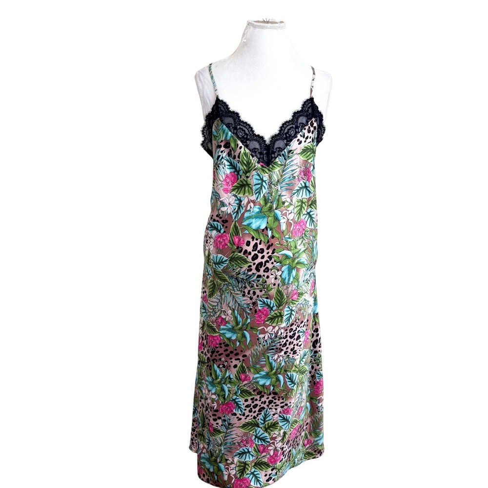 Y2K Fairy Satin Lace Romantic Maxi Slip Dress XL Tropical Jungle Print Whimsy